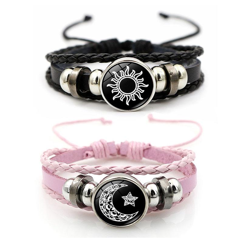 Cross-border New Product 2025 Sun Moon Lovers Leather Bracelet Vintage Punk Multi-Layer Beaded Woven Bracelet Couple Gift 17cm Chain Length PU Leather Glass Sheet Daily Wear