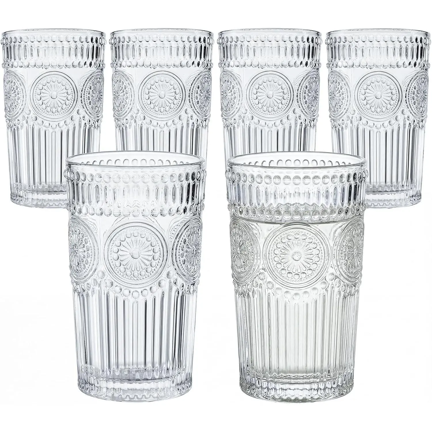 Embossed Vintage Drinking Glasses Set of 6, 12 oz Textured Glass Tumblers, Clear Retro Water Glasses for Iced Coffee, Juice, Cocktails & Everyday Use