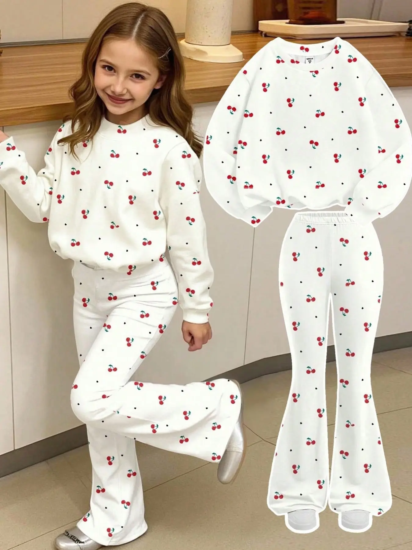 Girls' Cherry Print Sweatshirt and Bell Bottoms Set, Loose-Fit Long Sleeve Top, Casual Fall & Winter, Sweet Home Wear, Cute Clothing Set