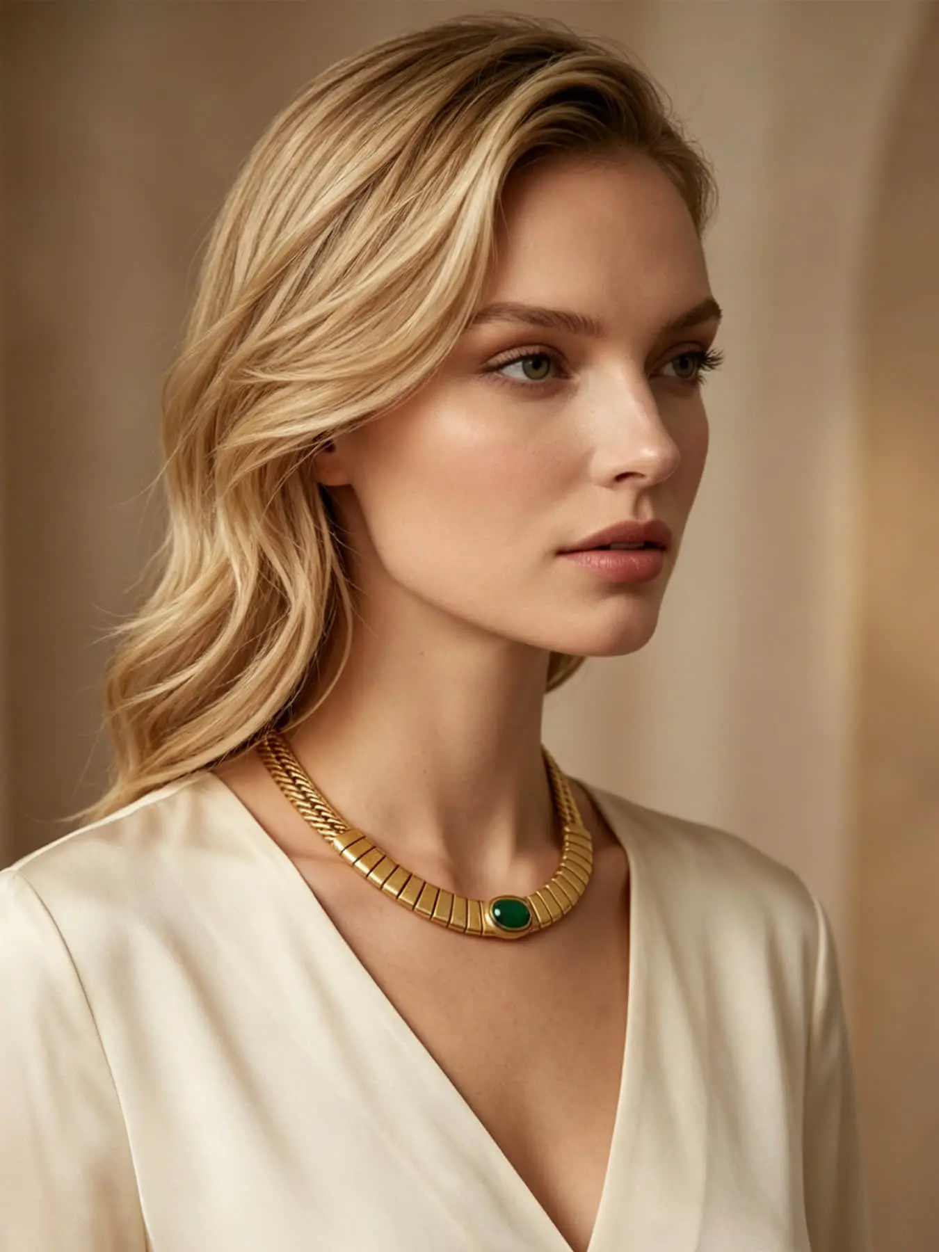 This vintage golden emerald choker necklace, with a matte gold feel and warm green chalcedony, exudes a luxurious retro atmosphere and is suitable for occasions such as dinners and commutes. It is also a surprising and exquisite small gift.