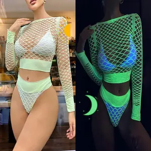 Fluorescent Green Glow Hollow Bikini 2-Piece Fishnet Cover-Up Lingerie Set