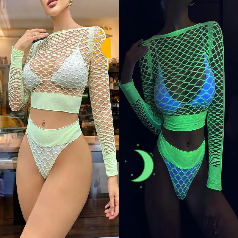 Women's Clothes 2-Piece Fluorescent Green Glow Hollow Mesh Bikini with Fishnet Cover-Up Lingerie Set, Transparent Clothes For Women, Bathing Suit Set, String Bikini Set