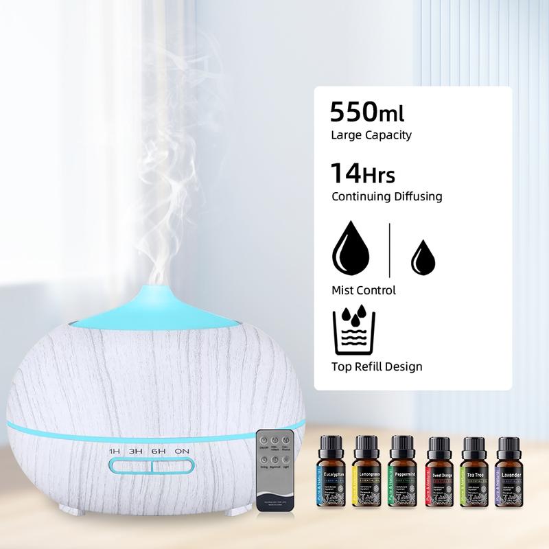 Wood Grain Essential Oil Diffuser (550ml) w/ Remote, 7 Color LED & 6 Premium Oils  Perfect Relaxation Present