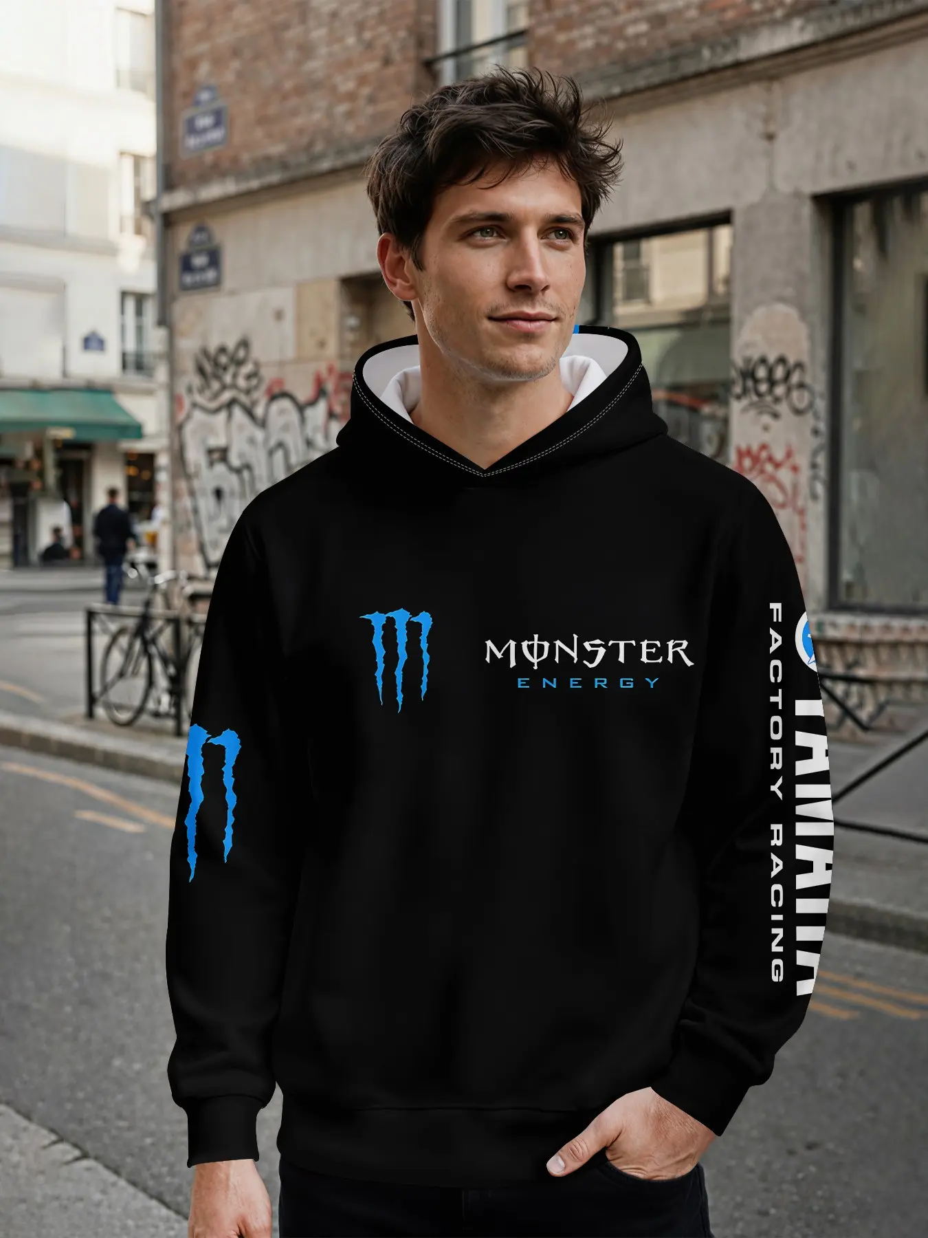 Men's 3D digital print hoodie with trendy motorcycle-style blue paw print pattern on a black background, all-over printed design. It stands out for daily streetwear and music festival outfits, making an ideal holiday gift for men