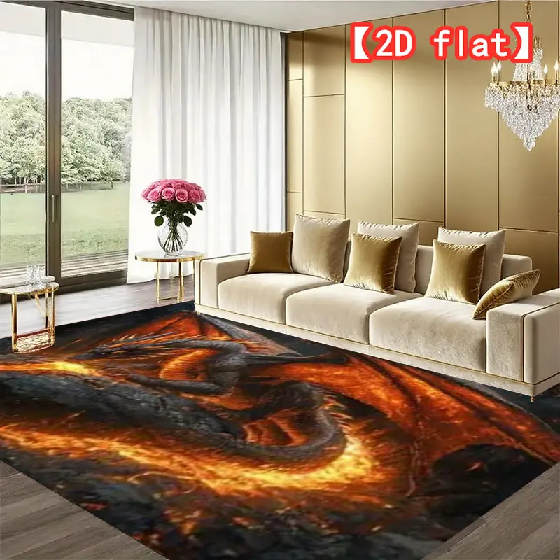 2D flat flame dragon appearing, modern high-end style anti-slip soft carpet, suitable for living room/bedroom/dining room carpet floor mat home decoration