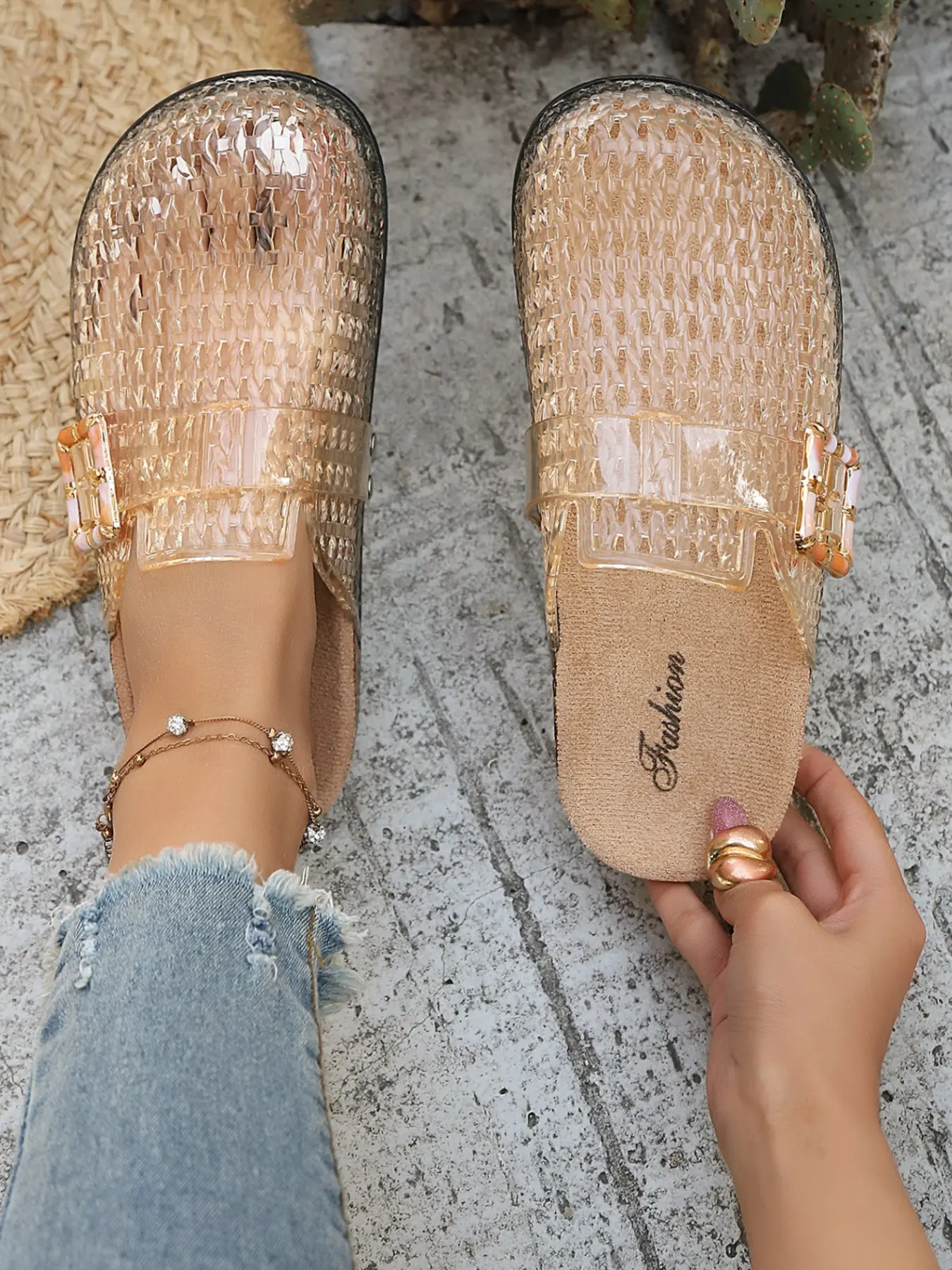 Women's Hollow Out Crystal Mules, Plain Color Beach Vacation Sandals, Casual Medium Width, Rubber Sole, Indoor Use