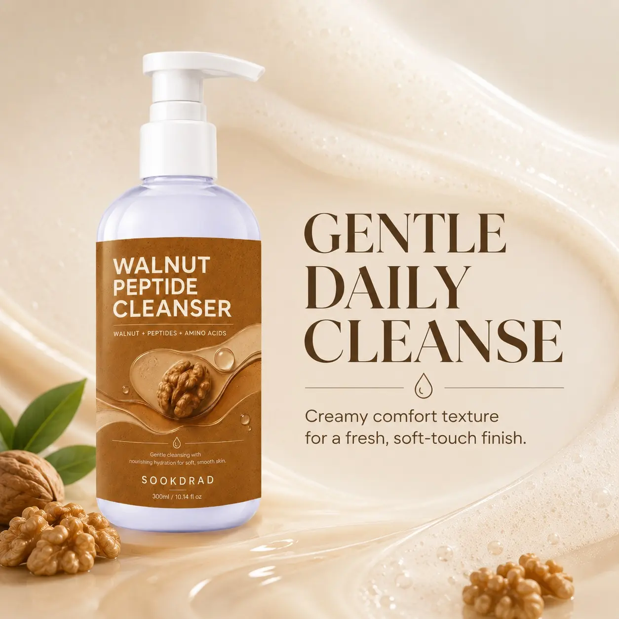 walnut peptide cleanser, contains walnut, peptides, amino acids, gentle cleansing, nourishing hydration, for soft, smooth skin, 300ml/10.14 fl oz