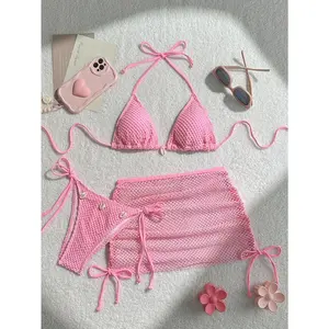 New Pink Mesh Bikini with Shell Accents and Matching Cover-Up Skirt, 3pcs Swimwear Set for Beach