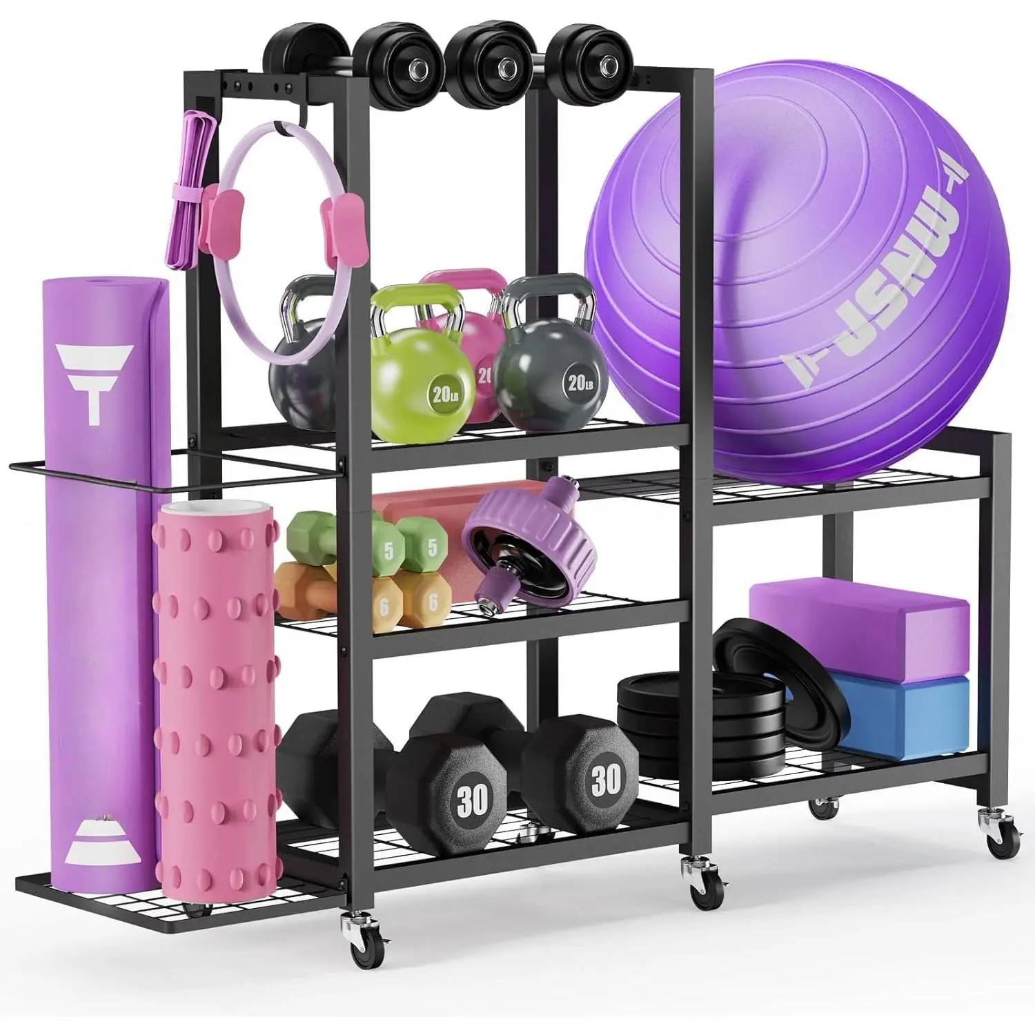 6-Tier Multi-Functional  Gym Storage Rack with Wheels and Hooks, Adjustable Weight Rack for Dumbbells Kettlebells Yoga Mat and Balls, Space Saving Workout Equipment Storage Organizer