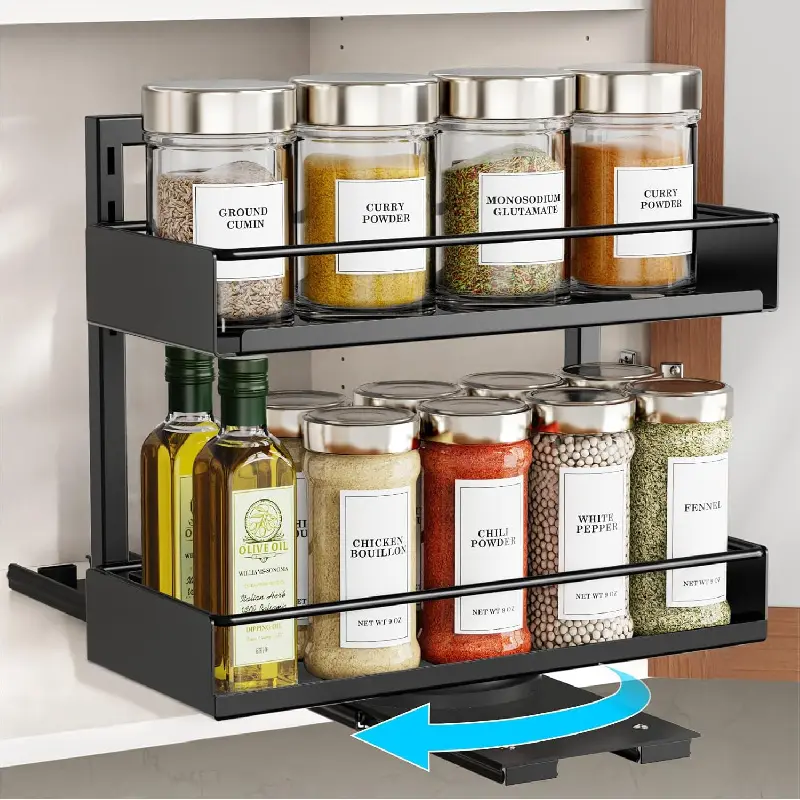 Vertical Spice Rack Pull Out - 1 Pack Rotate No-Drill Slide Out Spice Rack for Cabinet Swivel Easy Access Spices, Adjust Height for 4oz to 8oz Spice Jars Inside Kitchen Pantry Cabinet, Black