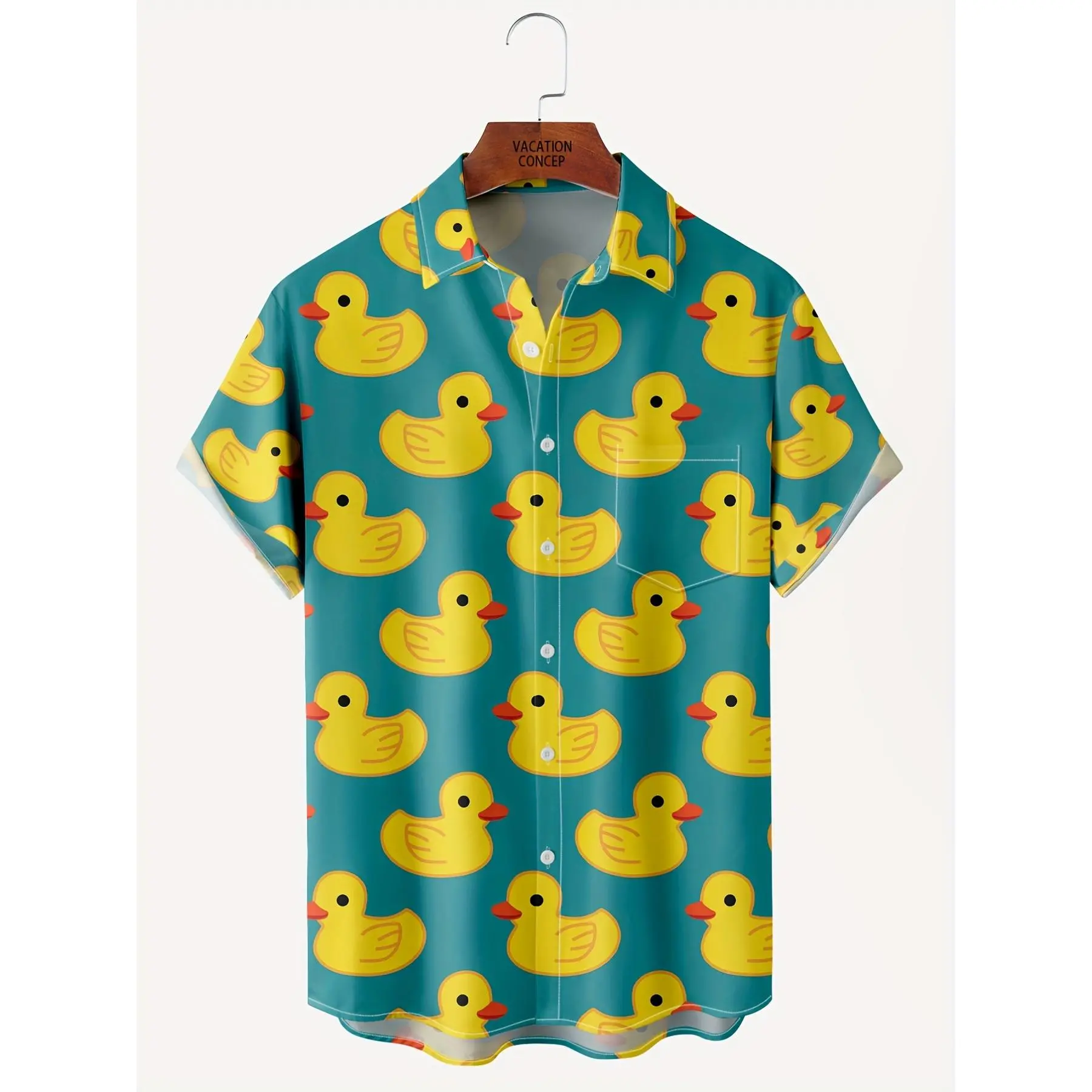 Men's Funny Rubber Duck Print Shirt, Short Sleeve Button Up Vacation Shirt for Beach, Cruise, Pool Party & Casual Summer Wear