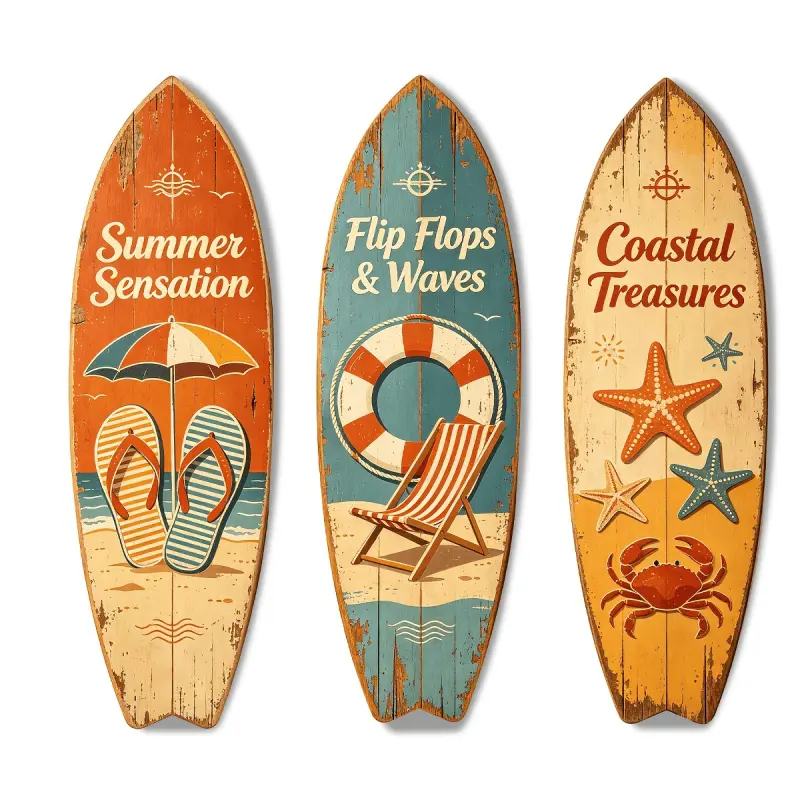 2D Flat, 3pcs Set of Wooden Vintage Surfboard Signs, Summer Slipper Surfboard Signs, Rustic Summer Style Decoration, Coastal Decor, Suitable for Hanging in Home Courtyards/bathrooms/garden Pools, 2D Flat Design, 2D Flat