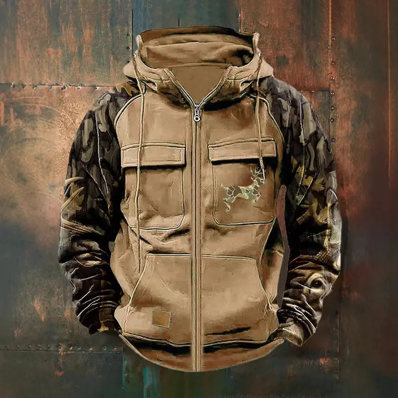 Men Outdoor Hunting Full Zip Hooded Sweatshirt Jacket, Digital Camo Raglan Sleeve Olive Green Front With Deer Head Geometric Print, Dual Chest Cargo Pockets Drawstring Hood Casual Workwear Hoodie Coat For Camping Fishing Daily Street Outfits