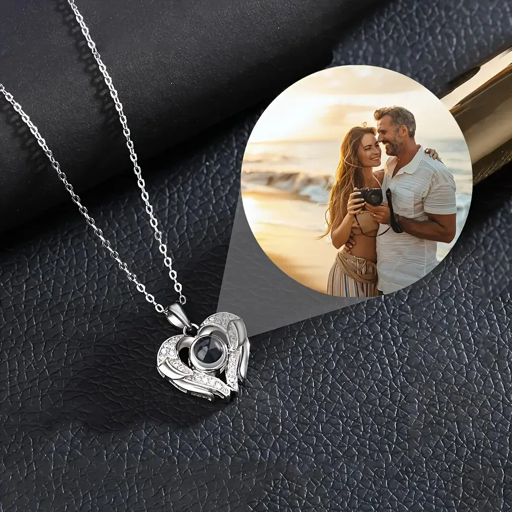 Customized Projection Necklace With Color Pictures, Elegant Zirconia Heart-Shaped Wing Pendant for Mother's Day, Romantic Personalized Accessory, Luxury Gift for Women