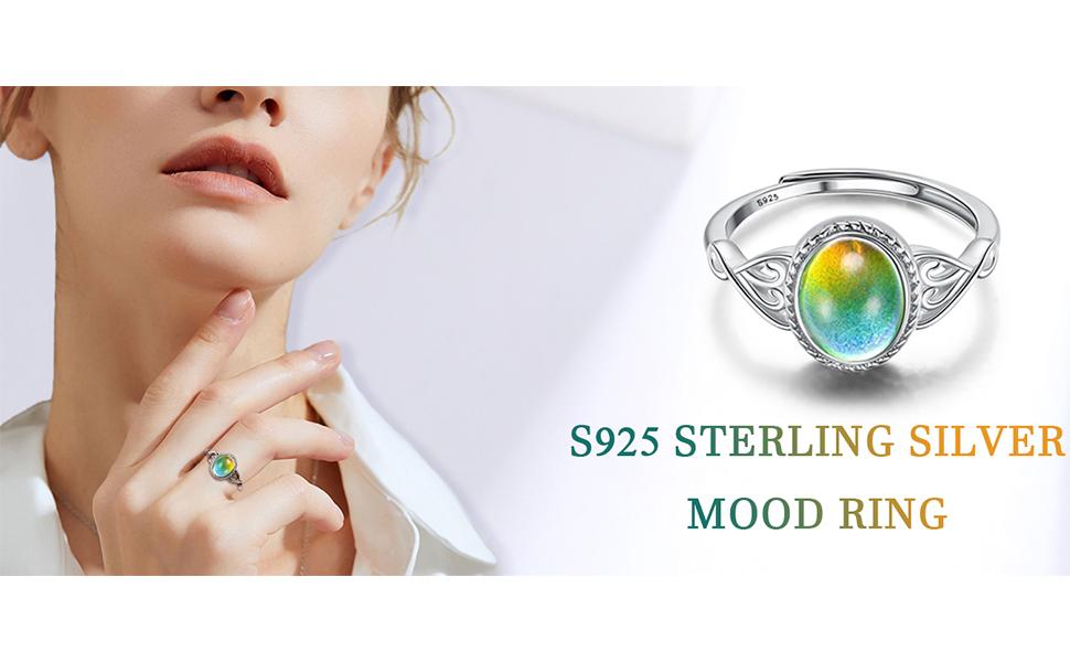 Adjustable 925 Sterling Silver Mood Rings for Women Handmade Oval Solitaire Ring Temperature-Control Changeable Ring Change Color Stackable Rings
