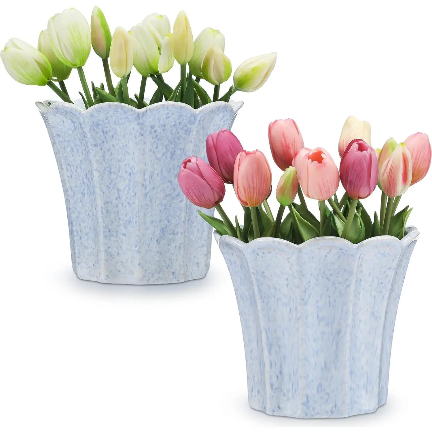 2 count Fluted Ceramic Pot for  Indoor 7.5 x 6.5 Inches Ceramic Flower Pots Decorative Scalloped Planters Fluted Planter Blue Flower Pots  Garden Patio Outdoor Office Planter