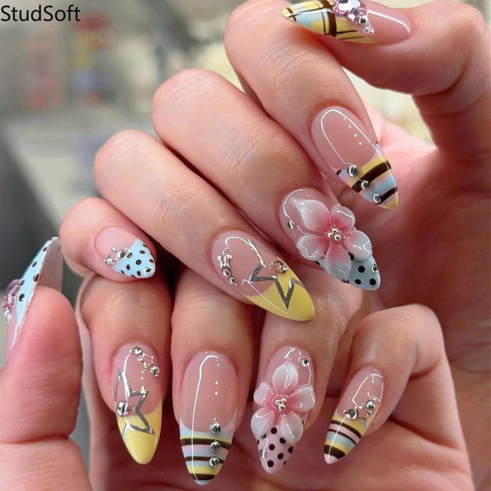 24PCS 3D Flower Press on Nails Colorful Fake Nails Full Cover Medium Almond Polka Dot Striped French Tip Artificial False Fingernails Retro Party
