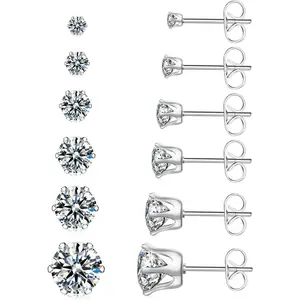 6 Pairs Hypoallergenic Stainless Steel Stud Earrings Cubic Zirconia Earrings Set 14K Gold Plated Multipack 3-8mm