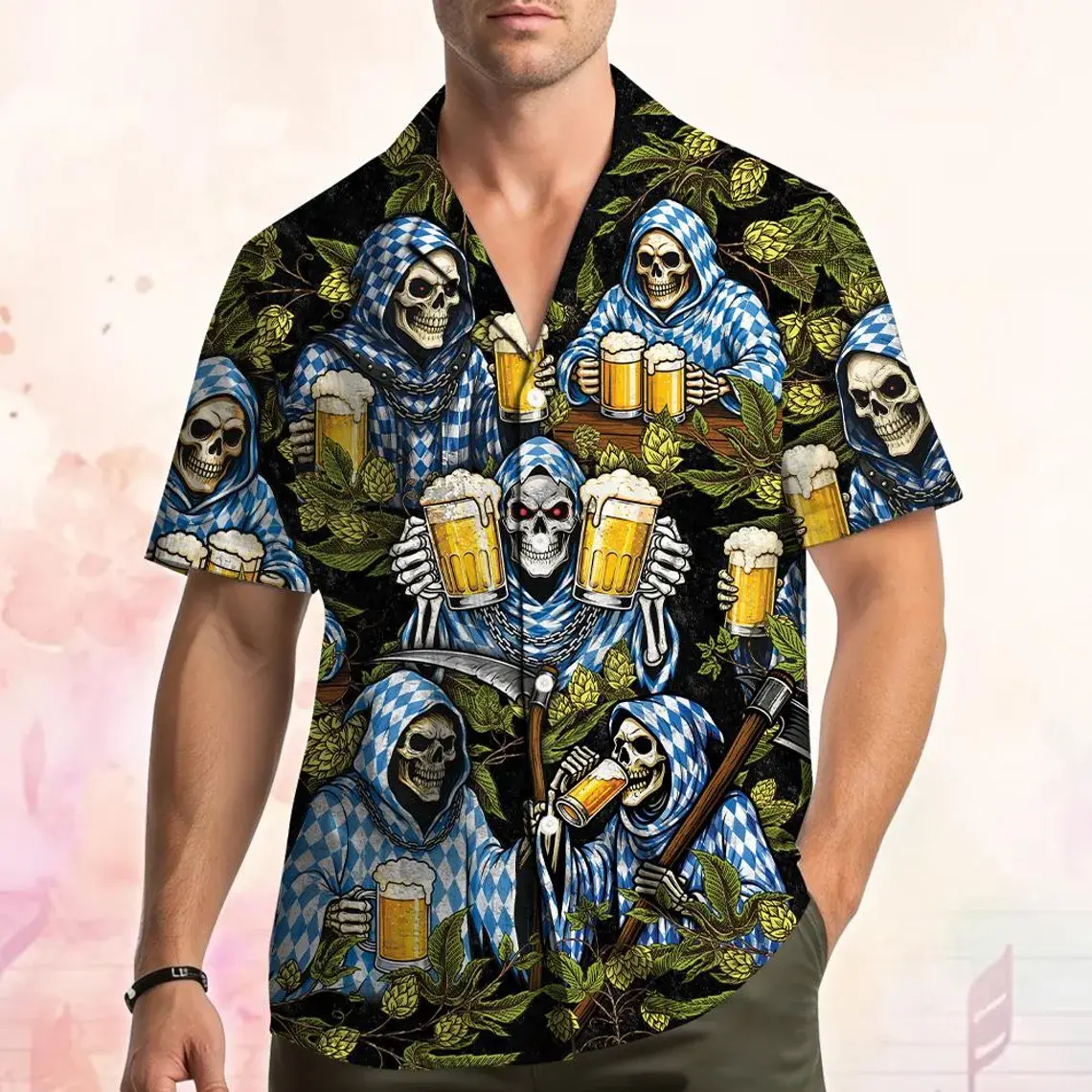 Women's Short-Sleeve Stretch Simple Garment Hawaiian Shirt - Unisex German Beer Funny Skeleton Dirndl Button-Up Top, Oktoberfest Gift, Tropical Cruise Party Wear, Shortsleeve