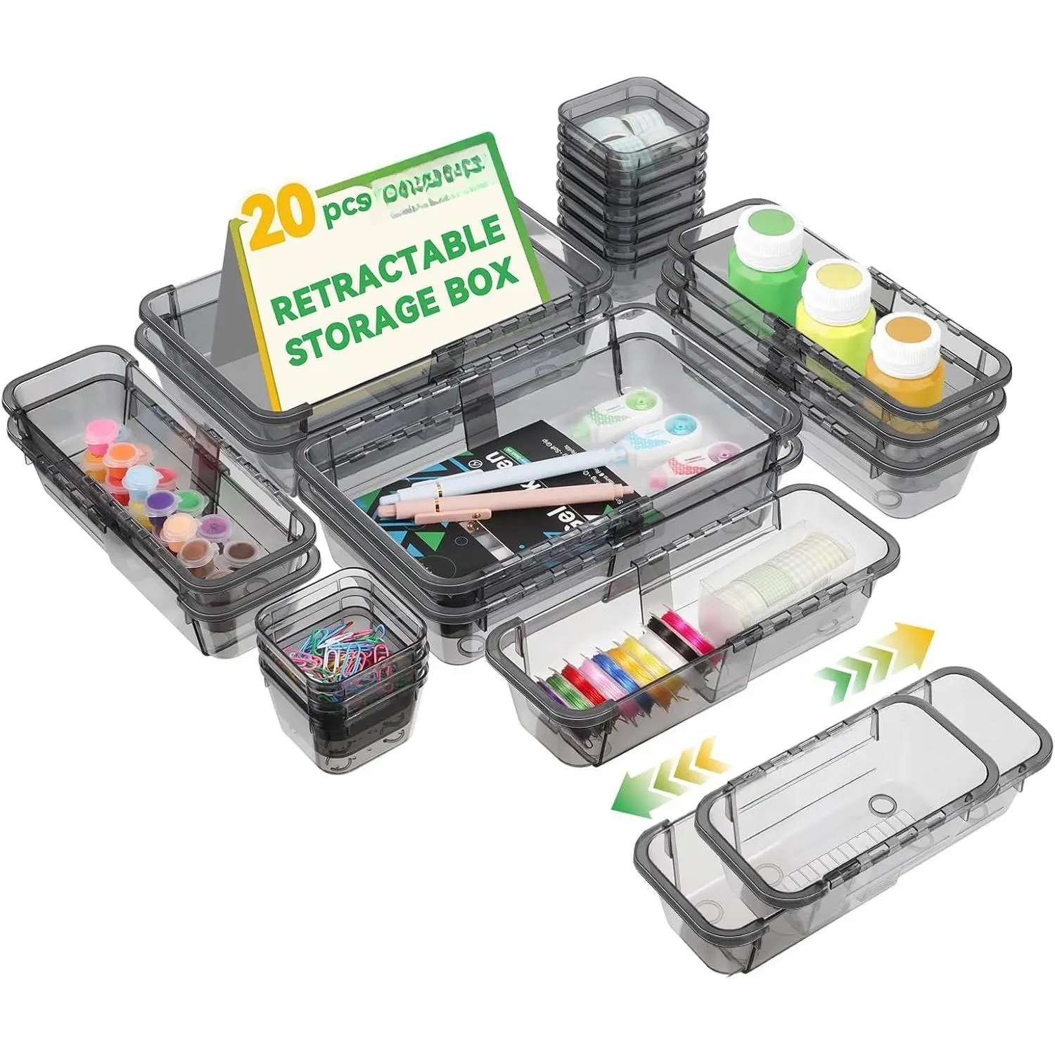 20 count Black Expandable Drawer Organizer, 3 Sizes Drawer Organizers and Storage,  Dividers,  Storage Bins for Makeup,  Gadgets for Kitchen, Bedroom, Bathroom, Office
