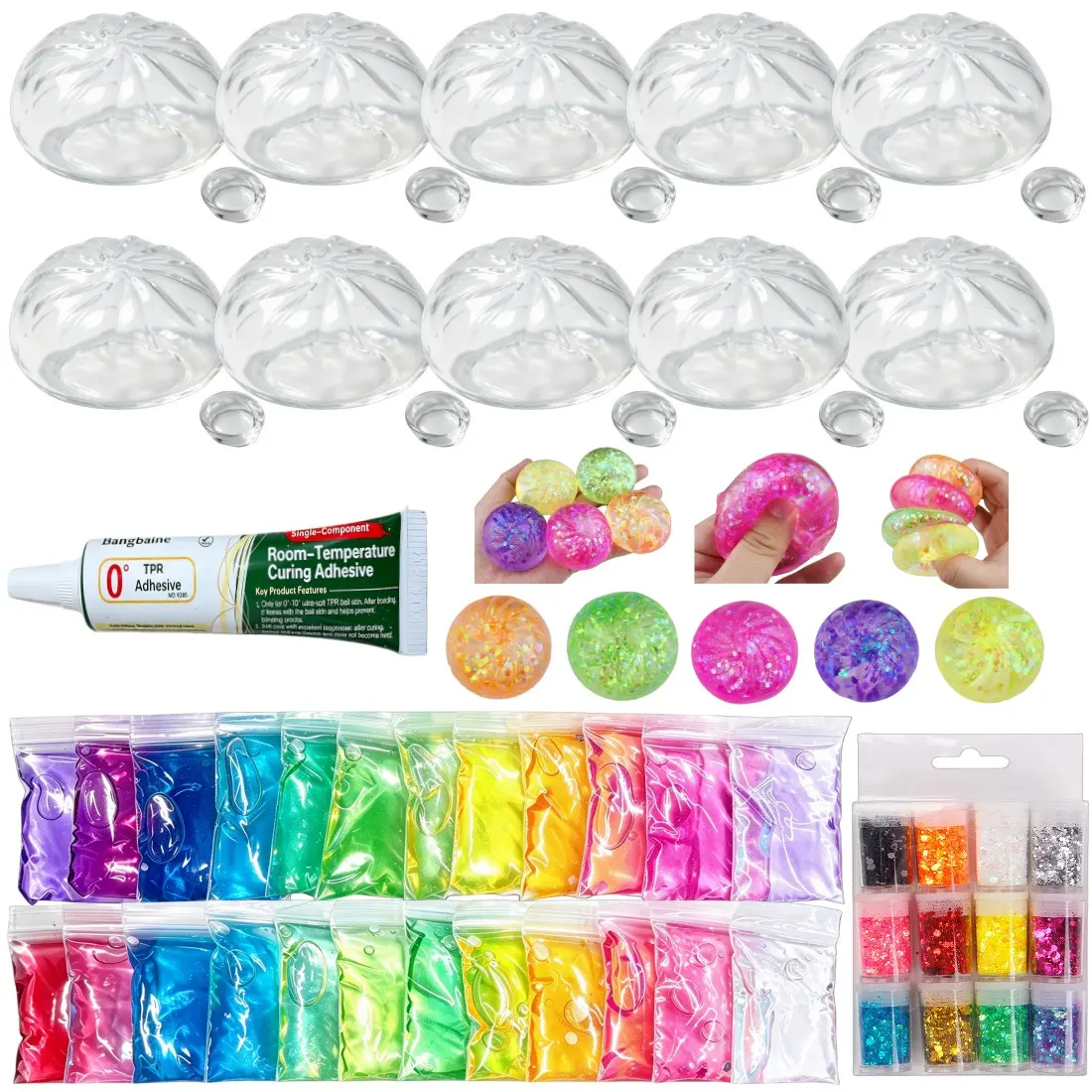 DIY Stress Relief Ball Kit, Dumpling Stress Relief Set Pack, 10 mini-sized dumpling skins measuring 4.5cm each, with 24 colors of slime and glitter powder, suitable for adult stress relief soft balls