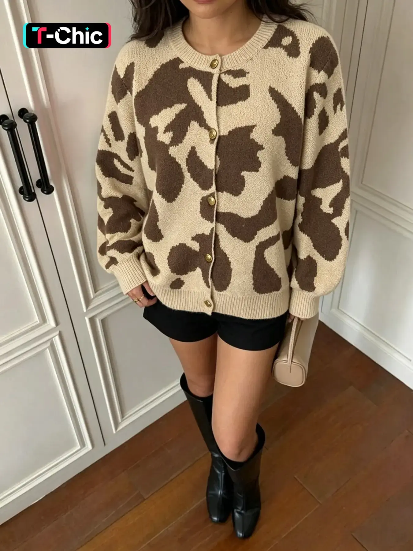 Elegant Leopard Print Cardigan with Metal Buttons, Casual Loose-Fit Knitted Sweater Coat for Fall & Winter Fashion