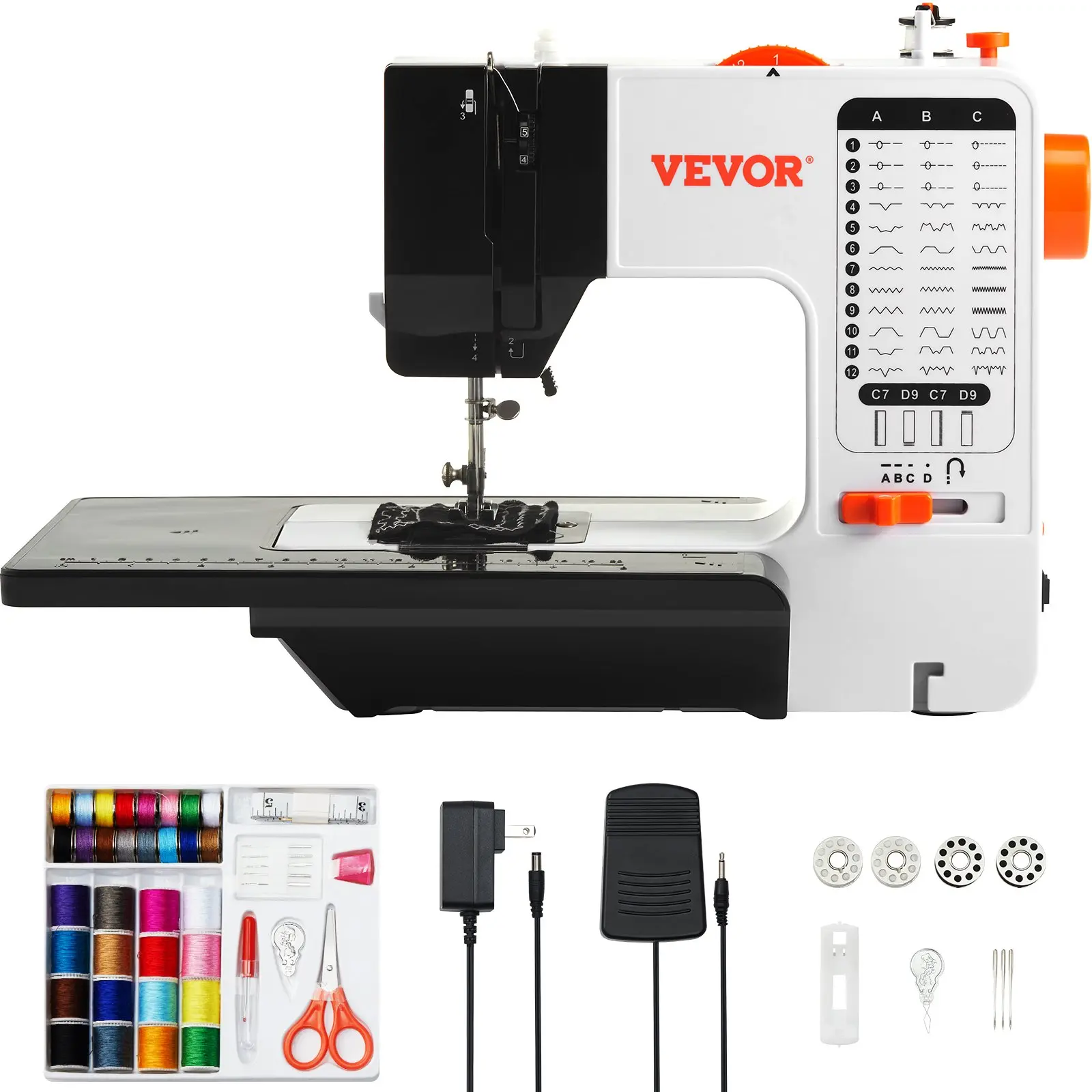 toolupgrade VEVOR Portable Sewing Machine for Beginners - 38 Built-in Stitches, Reverse Stitch, Dual Speed, Extension Table, Foot Pedal, Accessory Kit for Home Use