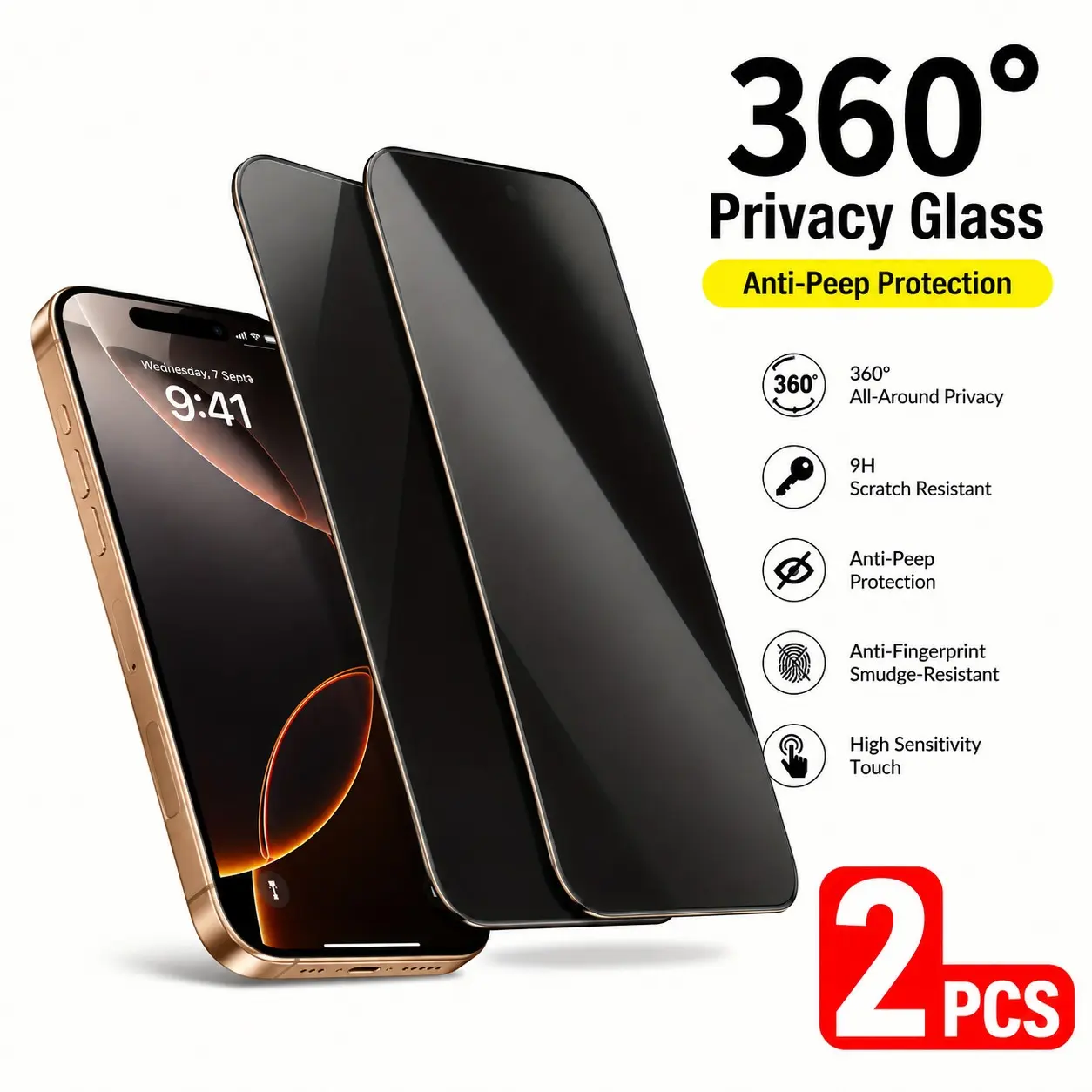 iPhone 17/16/15/14/13/12/11 Pro/promax 2-Pack 360° Anti-Spy Tempered Glass Protector, 9h Scratch-Resistant, Fingerprint-Proof, Full Screen Privacy Protection