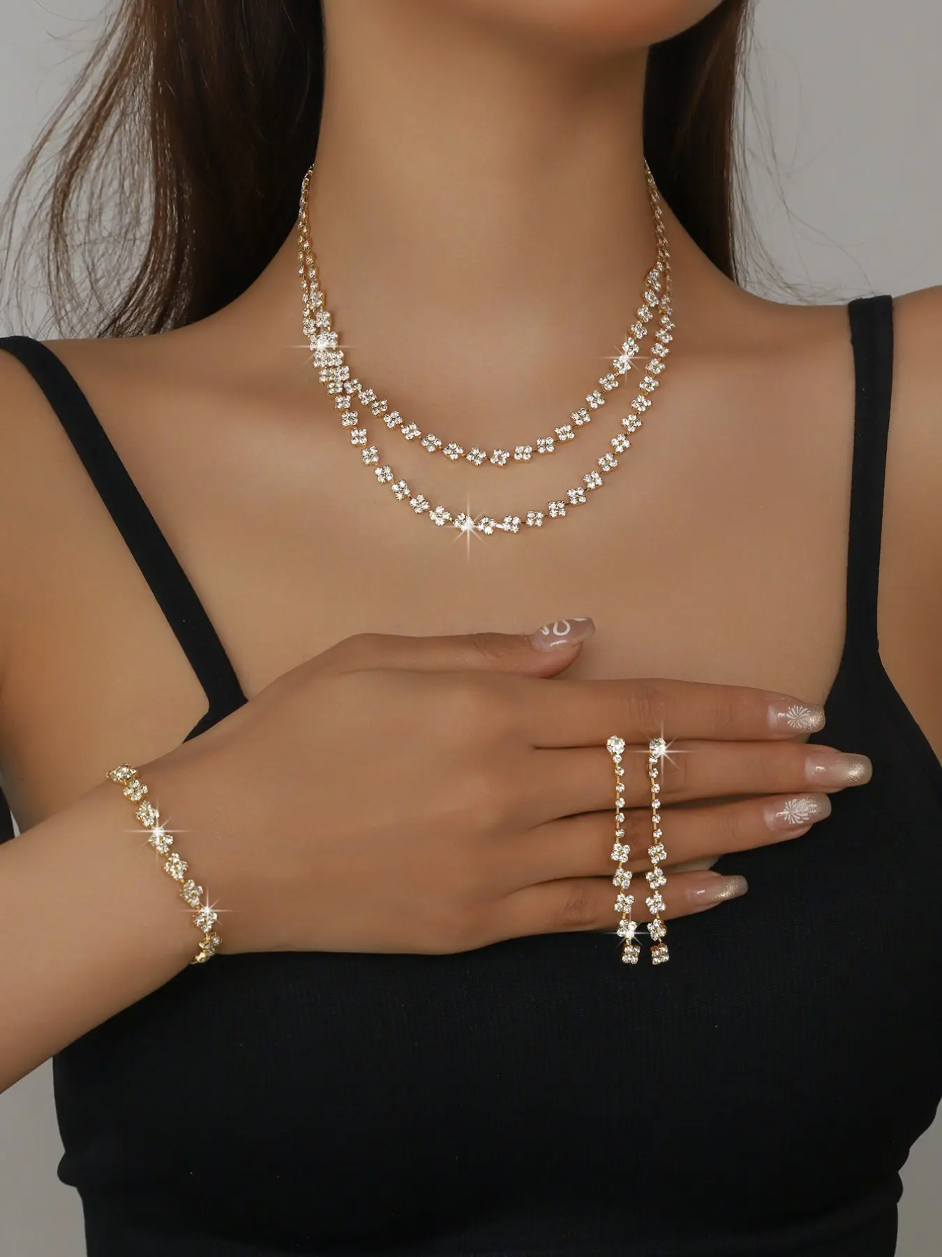 4-Piece Bride Jewelry Set, Fashionable Trendy Accessories, Elegant Sparkling Rhinestone Double Layer Necklace Bracelet Earrings
