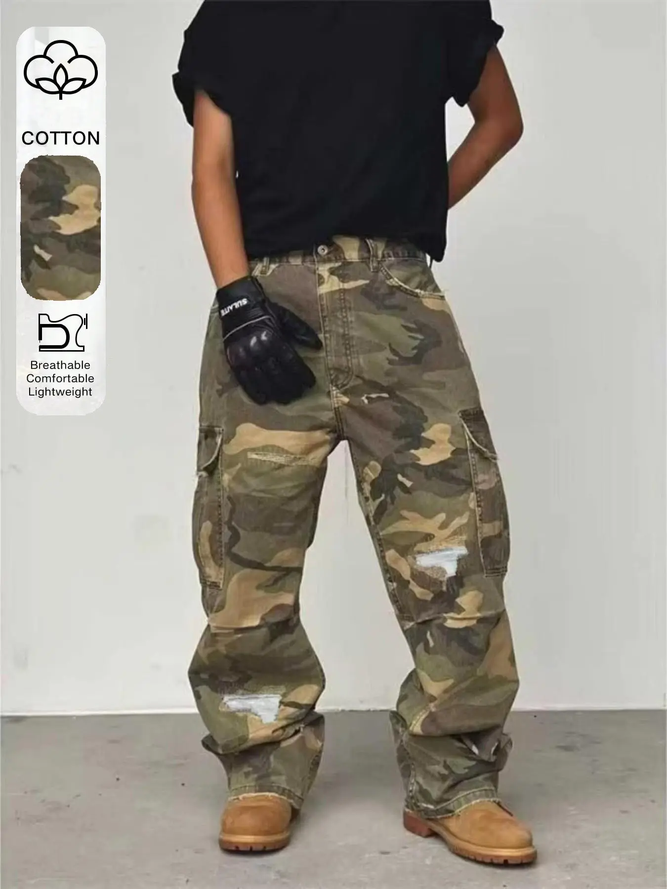 Men's Vintage Camouflage Print Ripped Edge Multi-Pocket Work Pants, Casual Loose Straight Leg Jeans, All-Season Menswear Fashion