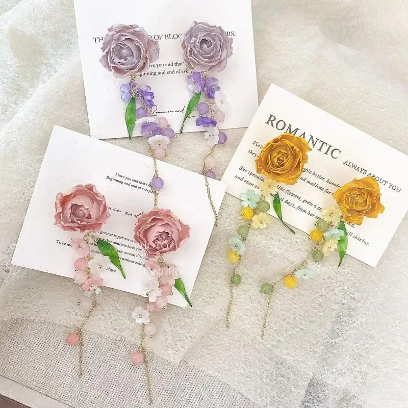Elegant Rose Flower Earrings Natural Pink Rose Earrings Handmaking Epoxy Resin Purple Rose Long Earring Jewelry Custom Packaging