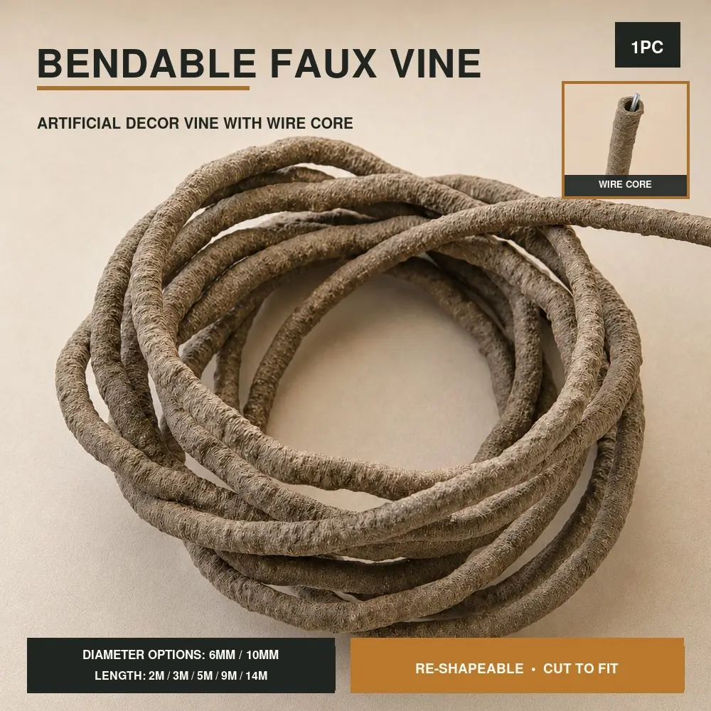 1PC 6mm/10mm Artificial Vine Branch, Bendable Wire-Core Leafless Faux Grapevine With Realistic PE Bark Texture, Rustic Decorative Vine For Wedding Arch, Wall & Photo Backdrop, Stair Railing, Fireplace Mantel, Indoor Outdoor DIY Decor, Garden Decor