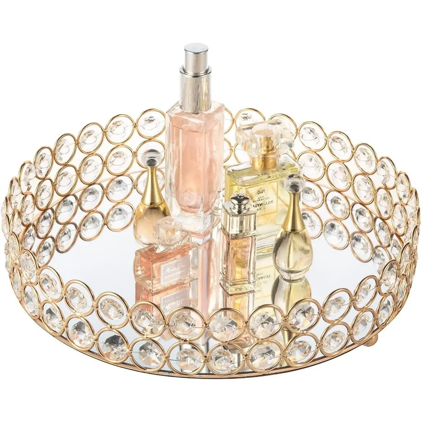 Crystal Perfume Tray Makeup Cosmetic Vanity Organizer Jewelry Trinket Display Storage Mirrored Decorative Tray Skin Care Tray for Dresser Home Decor Birthday Gift, Round 10 Inch, GoldGift