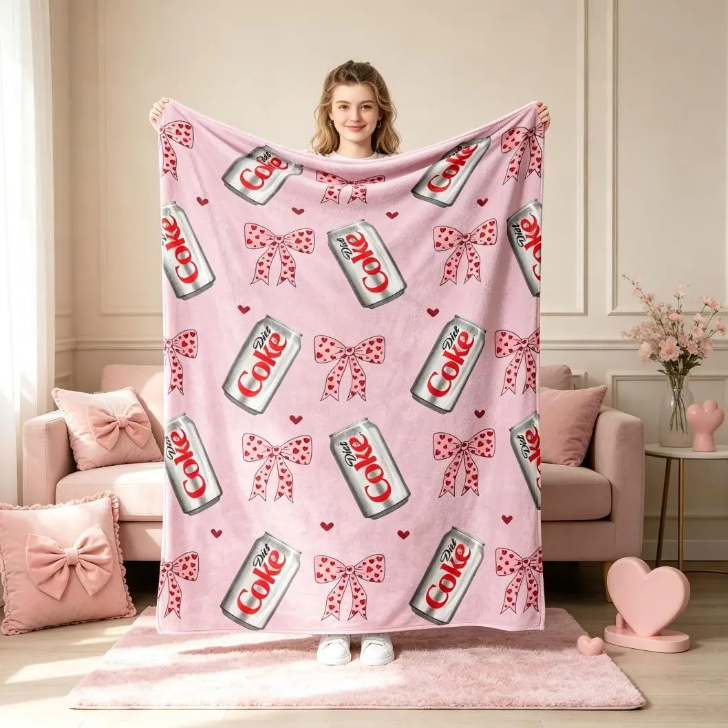 Pink Bow Red Heart Flannel Blanket, Cute Soft Lightweight Throw Blanket, Cozy Decorative Blanket for Sofa Bed Bedroom Office Home Decor, Kids & Adults Gift