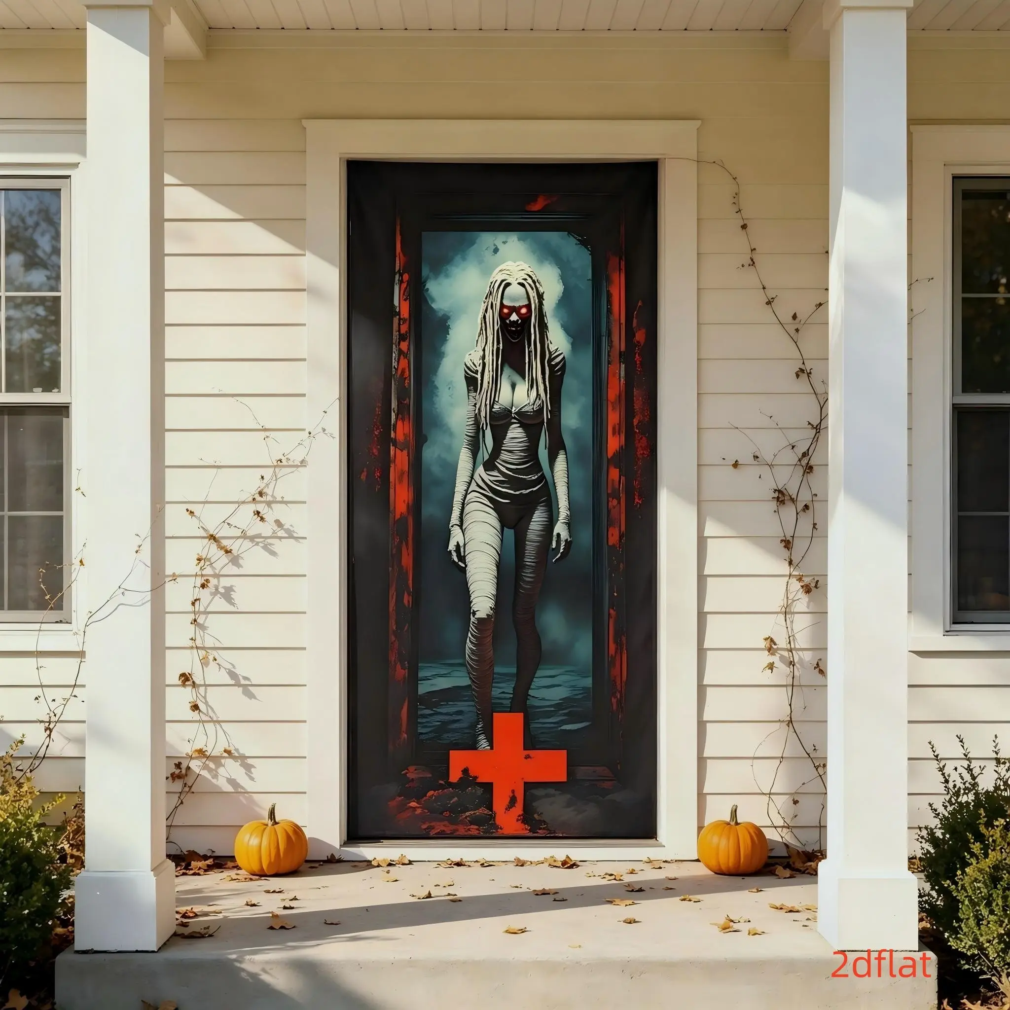 Halloween Party Decoration, Horror Bandage Mummy Ghost Door Banner, Blood Eye Zombie Background Cloth, Outdoor Porch Decor, Scary Photo Backdrop, Polyester Fabric Backdrop