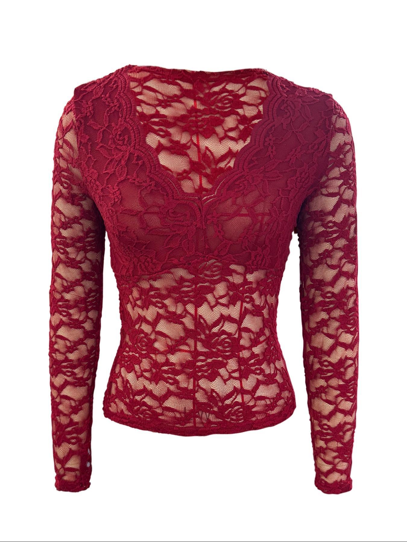 Elegant Women's V-Neck Fan Collar Plain Long Sleeve Slim Fit Lace Blouse, Sexy Style, Perfect for Casual Wear