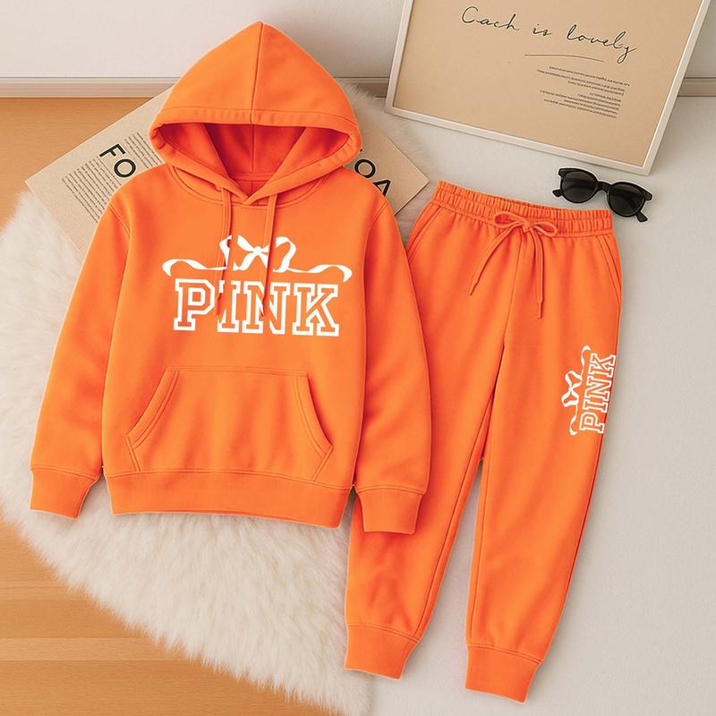 Women's Bow Tie Print Hoodie And Drawstring Track Pants Set, Casual Sportswear, Long-Sleeved Hooded Jacket And Pants, Suitable For Autumn And Winter, Everyday Wear, Indoor And Outdoor Sportswear, Casual Sportswear.