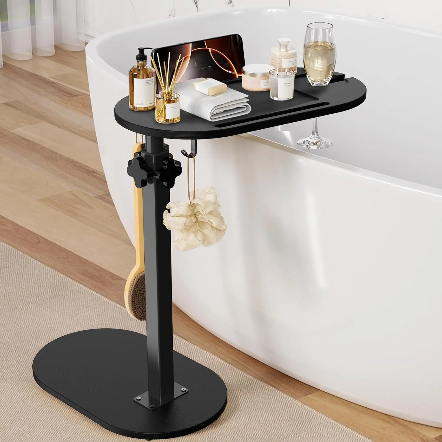 Women's Adjustable-Height Bamboo Bathtub Table - Freestanding Bath Tray Caddy Organizer, Ideal Housewarming Gift for Special Occasions