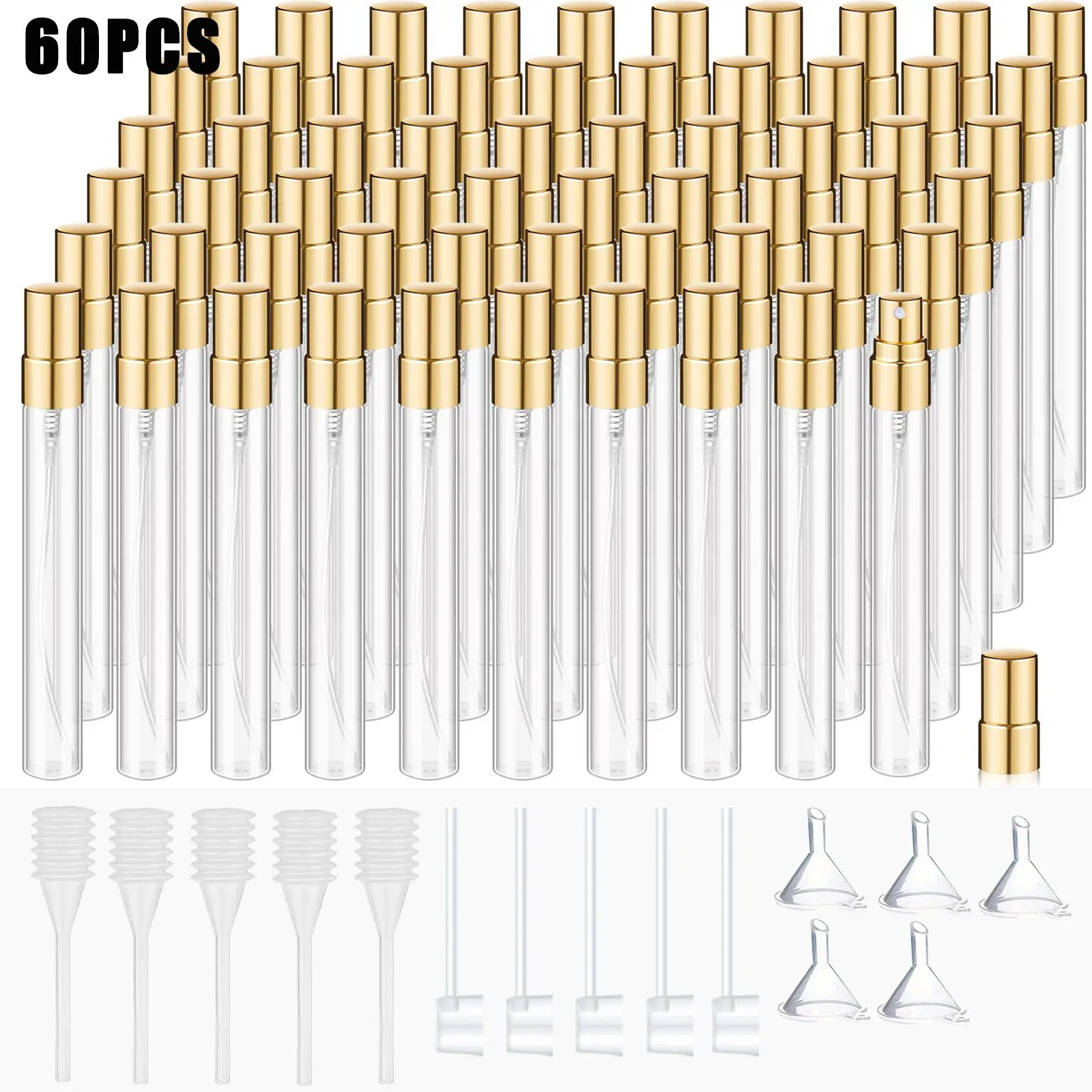 60-Pack 10ML Mini Perfume Bottles, Glass Refillable Spray Atomizer, Travel Fragrance Containers, Includes 5 Pumps, 5 Funnels, 5 Straws