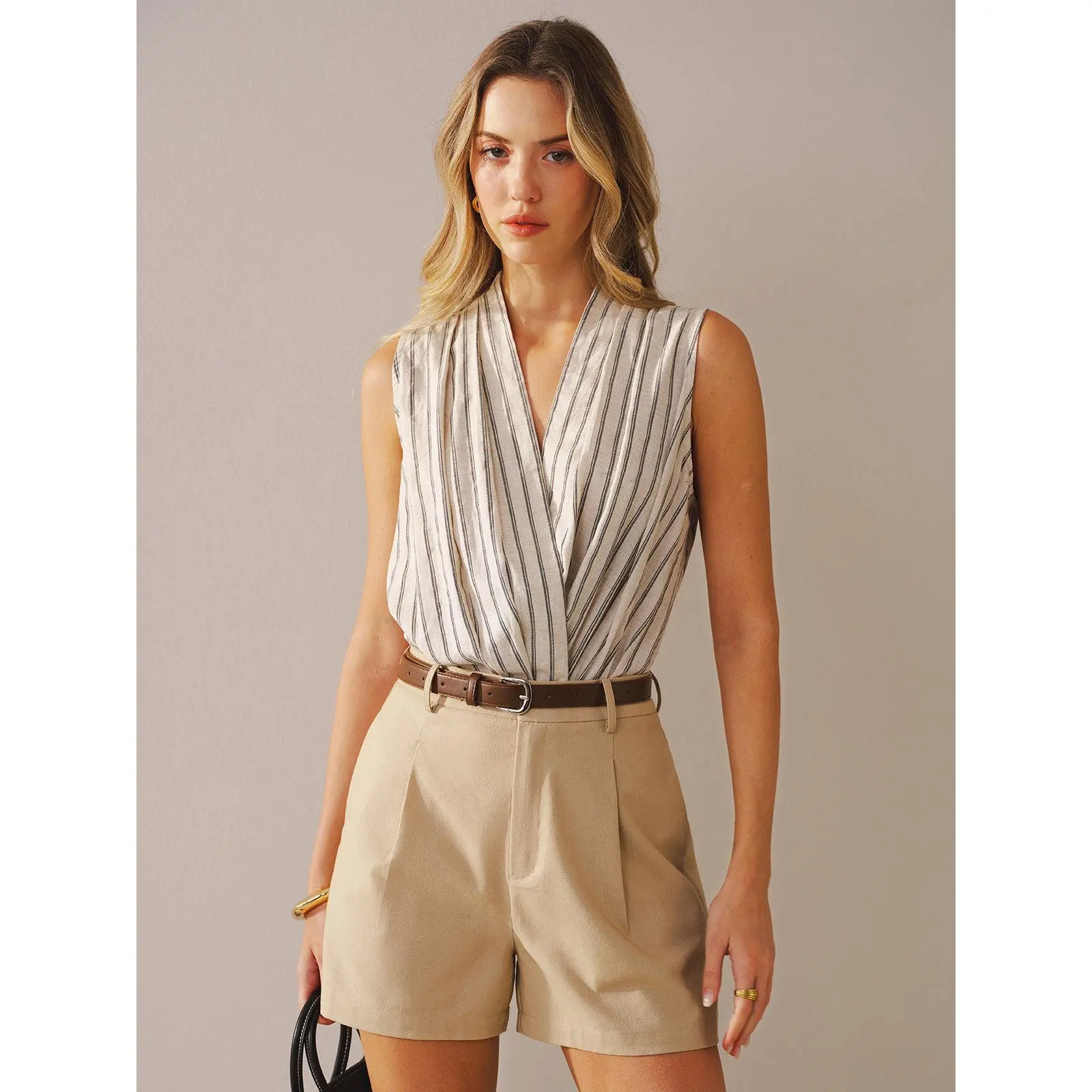 Cotton Linen Striped Sleeveless Wrap Bodysuit
