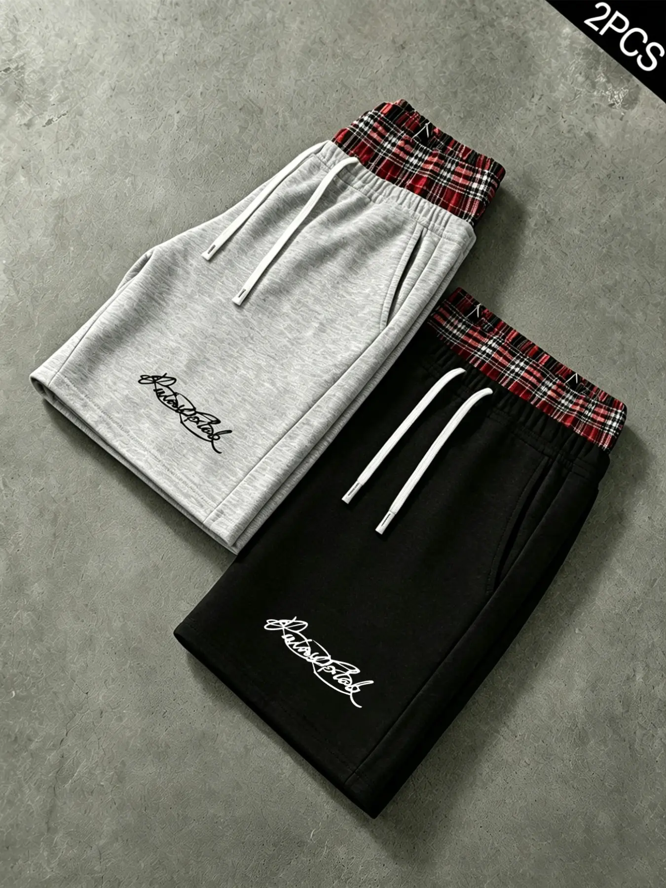2-Pack Men's Y2K Skate Sports Shorts, Loose Sporty Shorts, Breathable Printed Shorts, Contrast Red Plaid Waistband with White Drawcords, Handwritten Signature Print, Terry Fabric, Breathable & Stretchy, Loose Knee-Length Pants, Retro Hip-Hop Streetwear