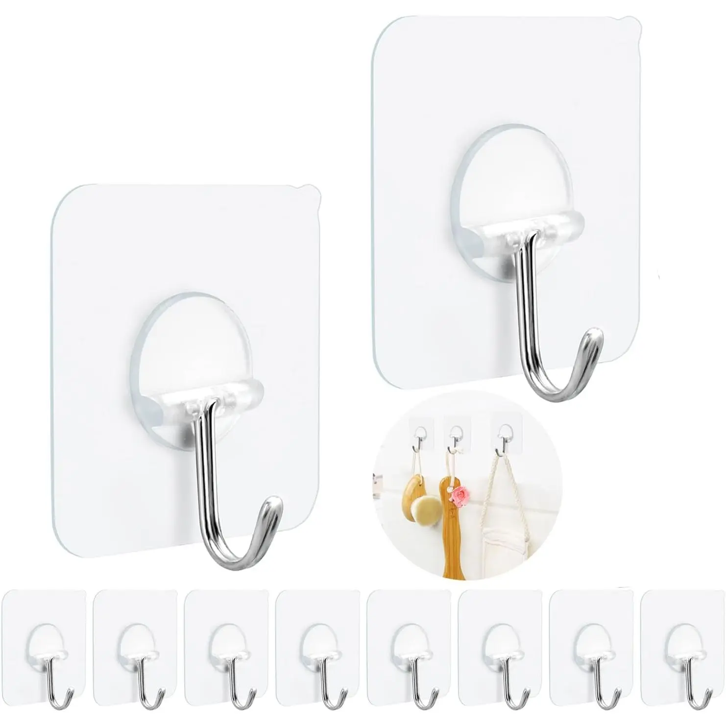 Clear Adhesive Hooks Heavy  15LB Wall Hangers Without Nails-10 Packs