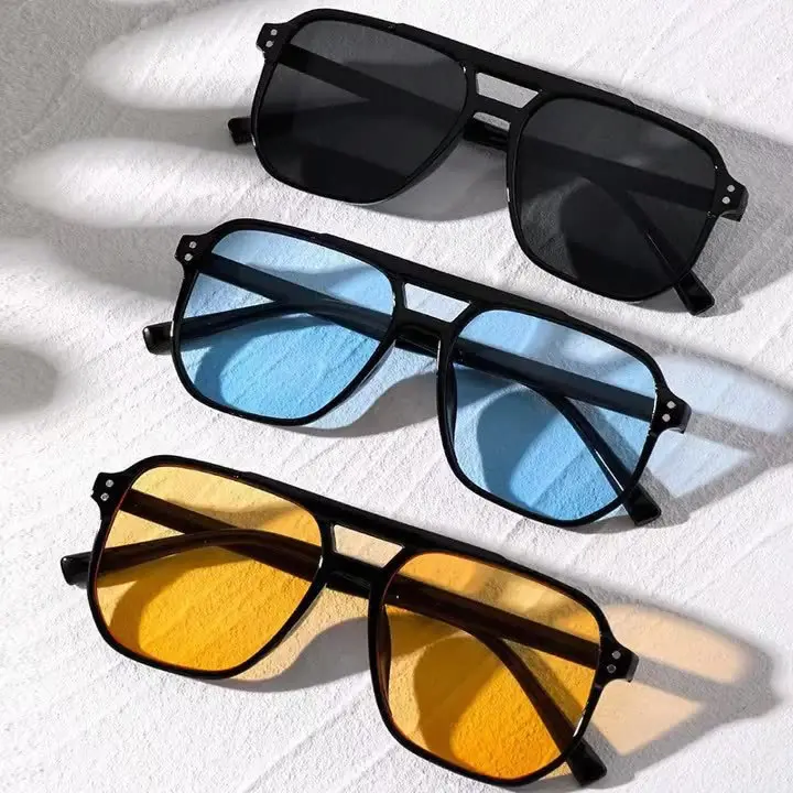 3Pcs Retro Double Bridge Sunglasses Set for Men Women Oversized Square Frame Tinted Lens Vintage Shades Blue Yellow Black Eyewear UV Protection Driving Beach Party Vacation Classic Unisex Eyeglasses Trendy Bulk Gift, Sunglasses For Women, Men's Sunglasses