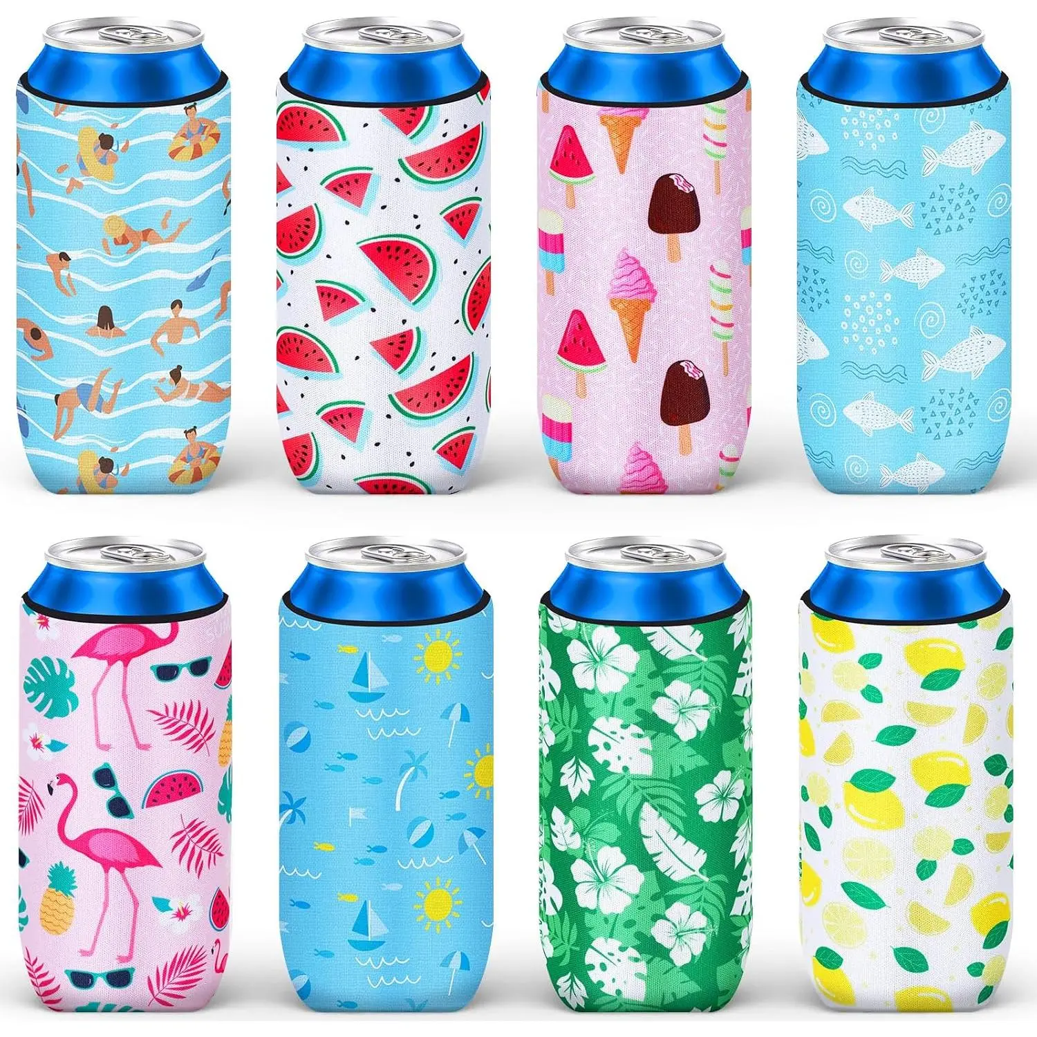8 Pack Neoprene Can Cooler Sleeves for Summer Beach Party | Insulated neoprene drink sleeves keep 12 oz cans cold for beach outings and summer parties