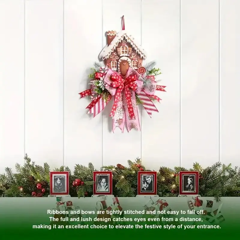 Christmas Wreath Gingerbread House Shape with Ribbon & Snowflake Pine Branches, Indoor Outdoor Decor, Easy Installation