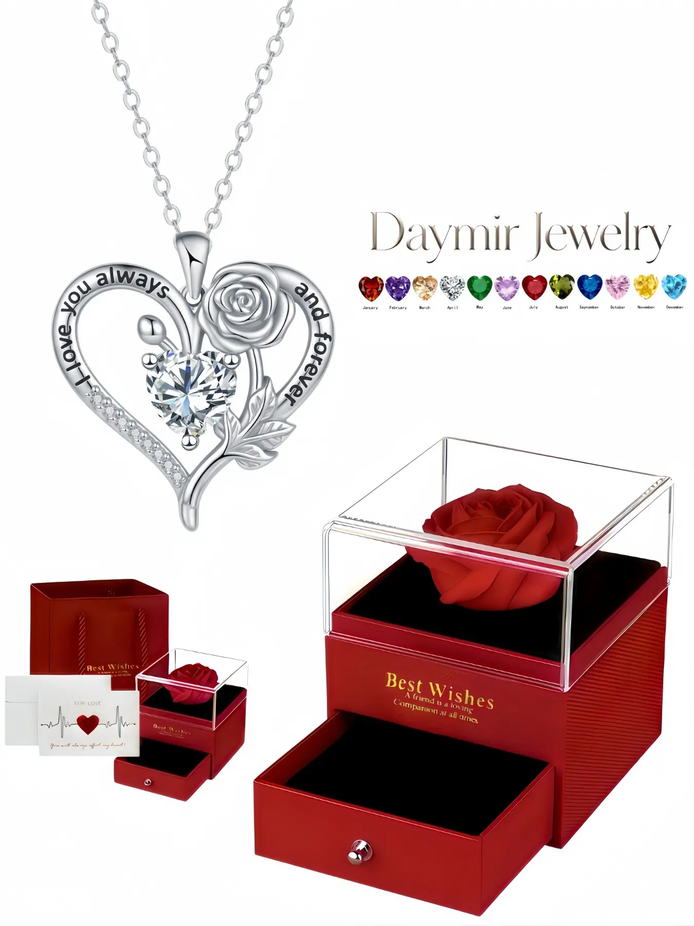 Dopamine twelve‑birthstone heart rose necklace engraved with I Love You Forever, delicate high‑end sparkling gem pendant. Comes with preserved‑rose jewelry box, ideal gift for date nights, birthdays, Valentine’s Day and Christmas.