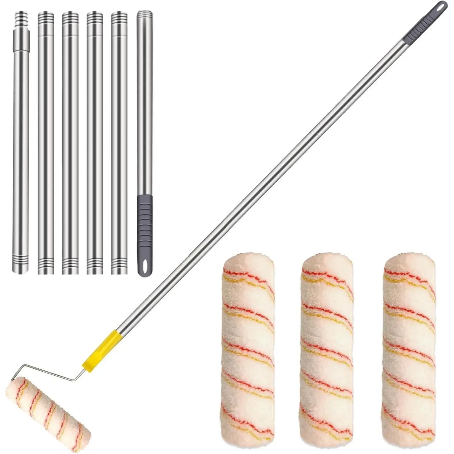 Paint Roller Kit Paint Roller Brush Set with Stainless Steel Pole 3pcs 9Inch Roller Covers Multi-Function Long Wall Painting Tool for Walls and Ceiling 8FT