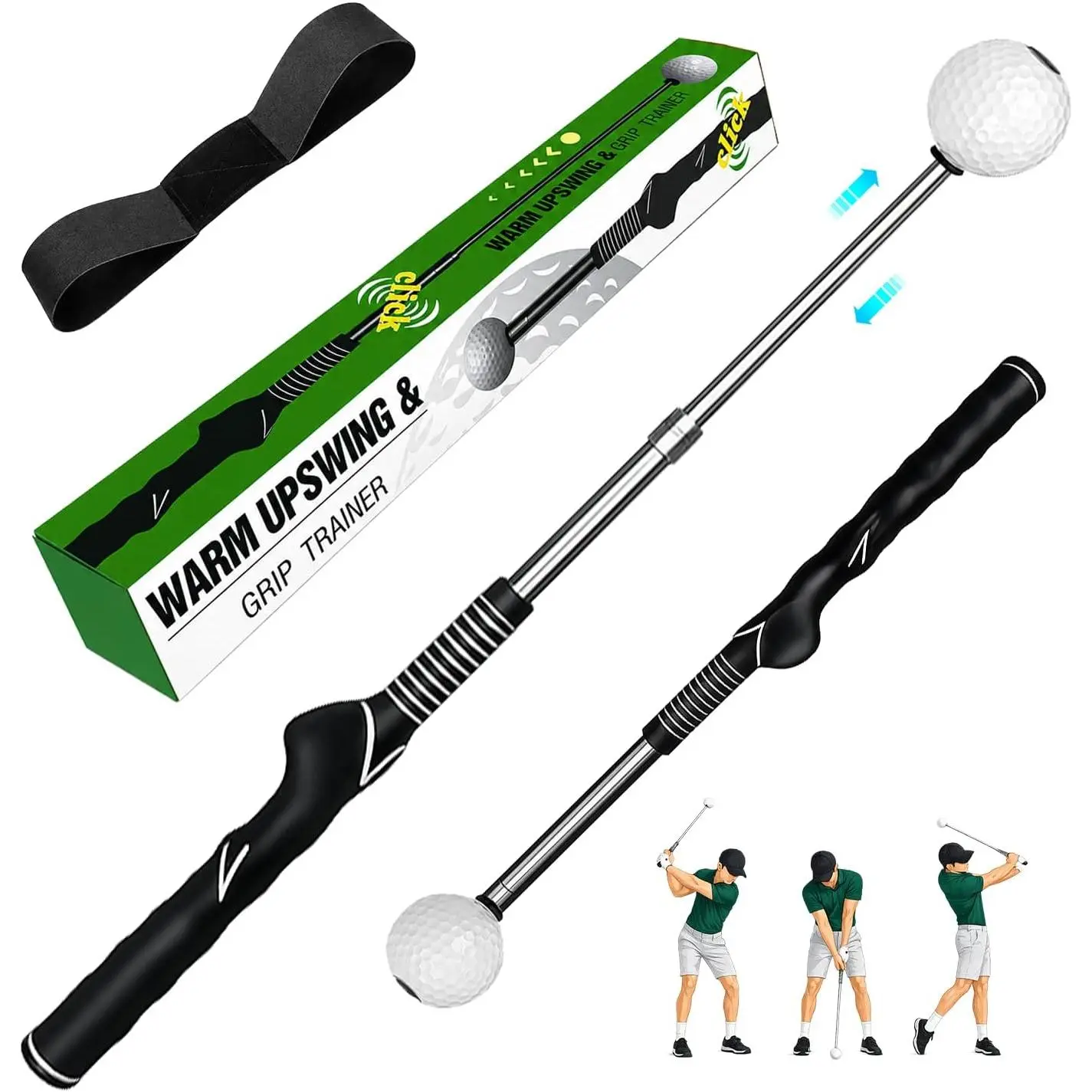 Retractable Golf Swing Trainer – 5-in-1 Golf  Aid with Grip Trainer & Click Feedback, Swing Mechanics & Tempo  for Right/Left-Handed, Indoor Outdoor Practice with Arm Band