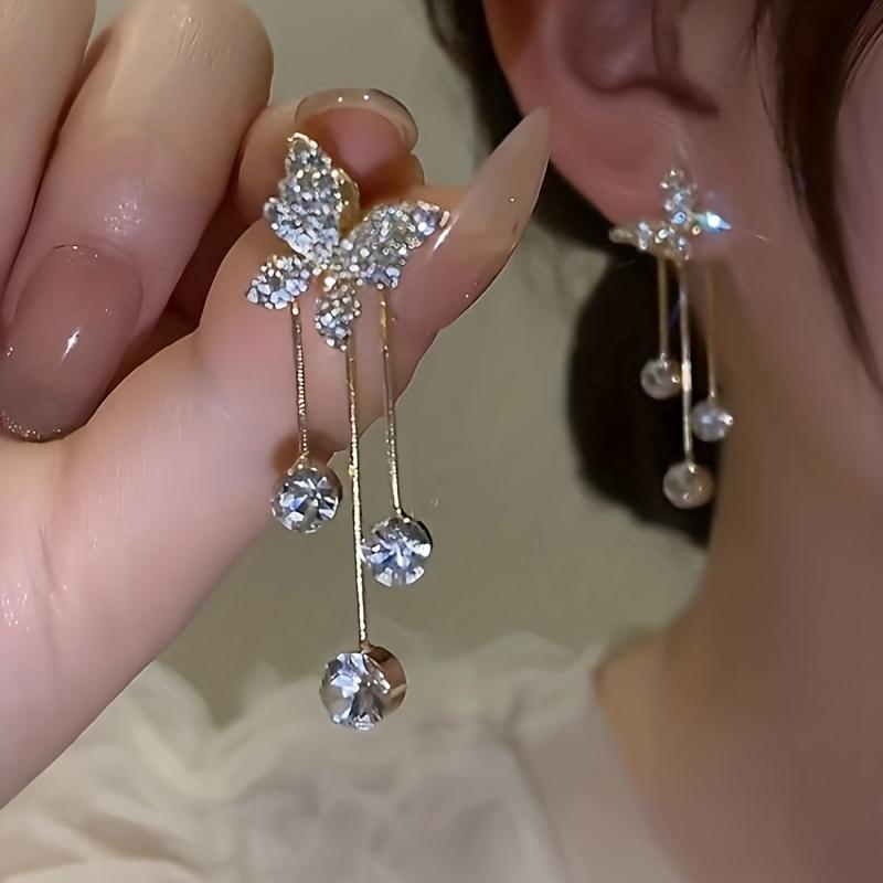 New Fashion Rhinestone Inlaid High-end Butterfly Earrings, Two Pairs of Sweet and Fresh Tassel Style Shiny Women's Earrings