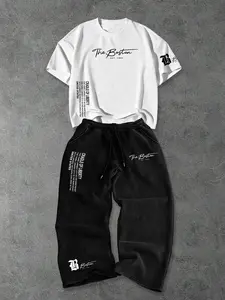 Summer Fashion Men's Two-Piece Set, Number and Word Print, Short Sleeve T-Shirt and Loose Fit Drawstring Waist Pants, Casual Wear